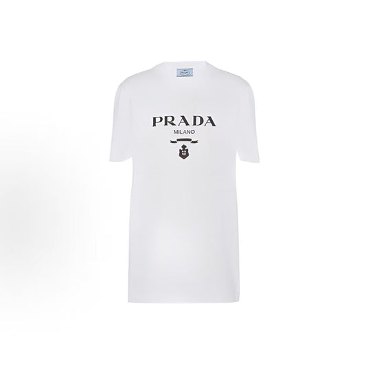 PRADA SS22 Logo pattern plain knit short-sleeved T-shirt for women, white color