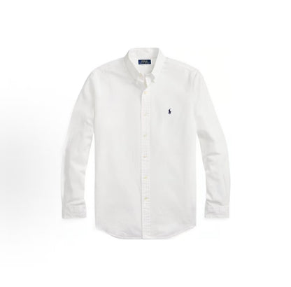 Ralph Lauren SS22 Solid Cotton Bubble Weave Shirt with Small Logo Embroidery for Men in White