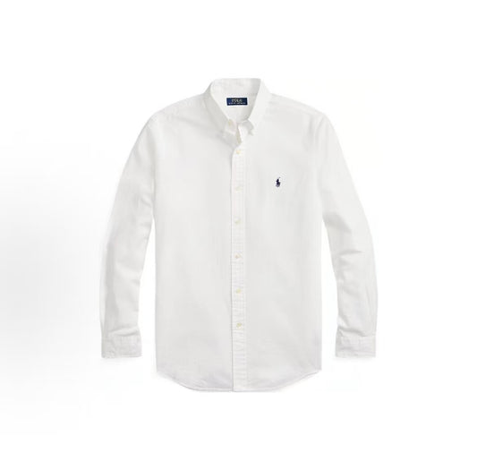 Ralph Lauren SS22 Solid Cotton Bubble Weave Shirt with Small Logo Embroidery for Men in White