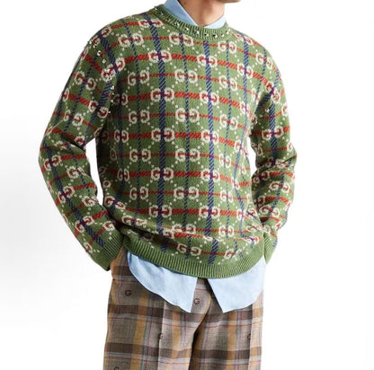 GUCCI Ancient Grecian Style 22 Fall Line Lettered Diamond Pattern Round-neck Pullover Long-sleeved Sweater for Men in Green
