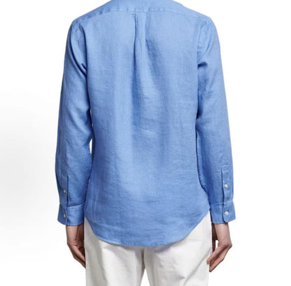 Ralph Lauren SS25 Small Horse Logo Embroidered Cotton-Linen Long-Sleeve Shirt for Men, Glacier Blue