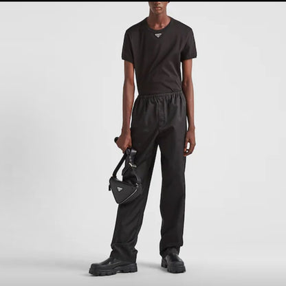 PRADA Prada Fall/Winter 2022 Solid-color Micro-logo Round-neck Cotton Hooded Short-sleeved T-shirt for Men - Black