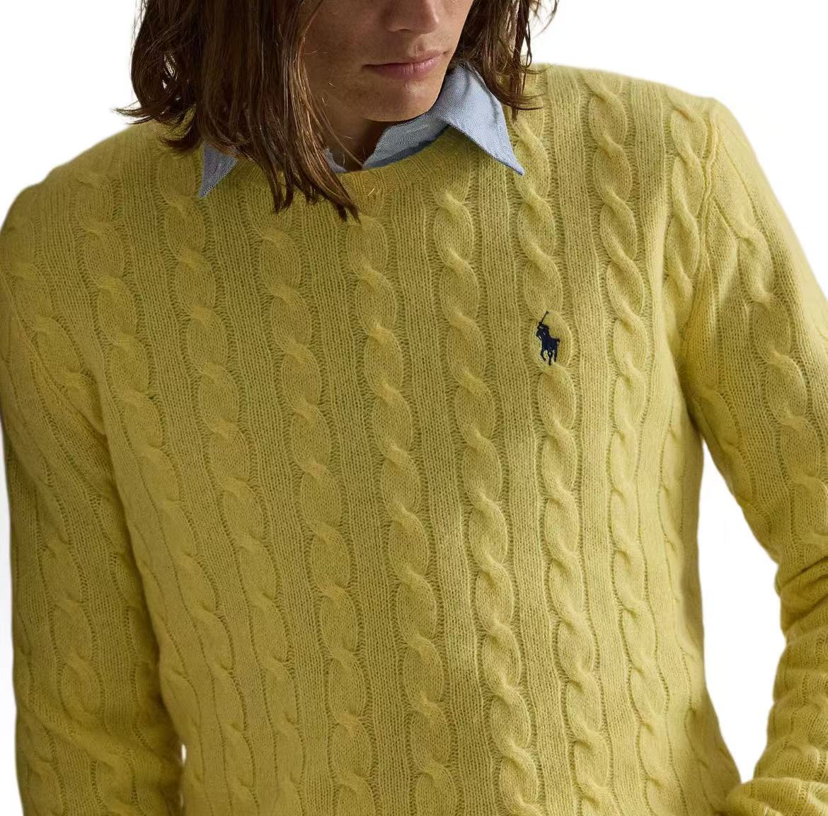 Ralph Lauren Petite Spurs Embroidered Solid Wool and Cashmere Blend Plaid Knit Round Neck Pullover Long Sleeve Ribbed Sleeve and Hem Sweater Standard Fit Men's Fall Yellow