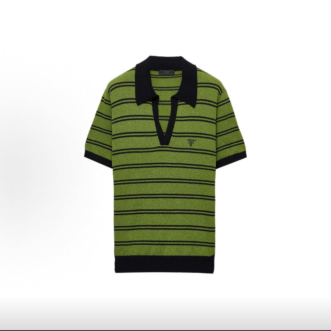 PRADA SS25 Striped Letter Print Cotton Polo Shirt for Men, Green