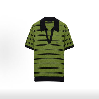 PRADA SS25 Striped Letter Print Cotton Polo Shirt for Men, Green