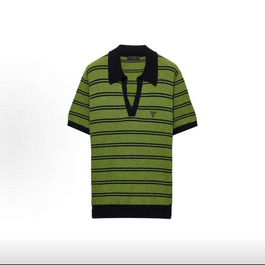 PRADA SS25 Striped Letter Print Cotton Polo Shirt for Men, Green