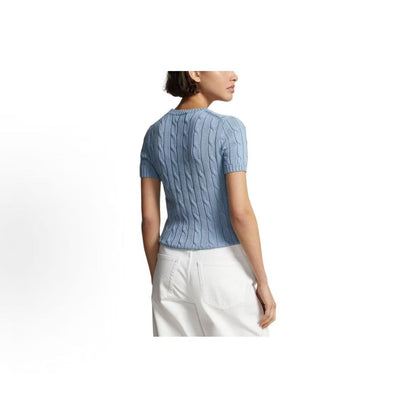Ralph Lauren SS23 Solid-color Logo Twisted Knit Short-Sleeve Sweater - Form-fitting Style - Women's - Blue