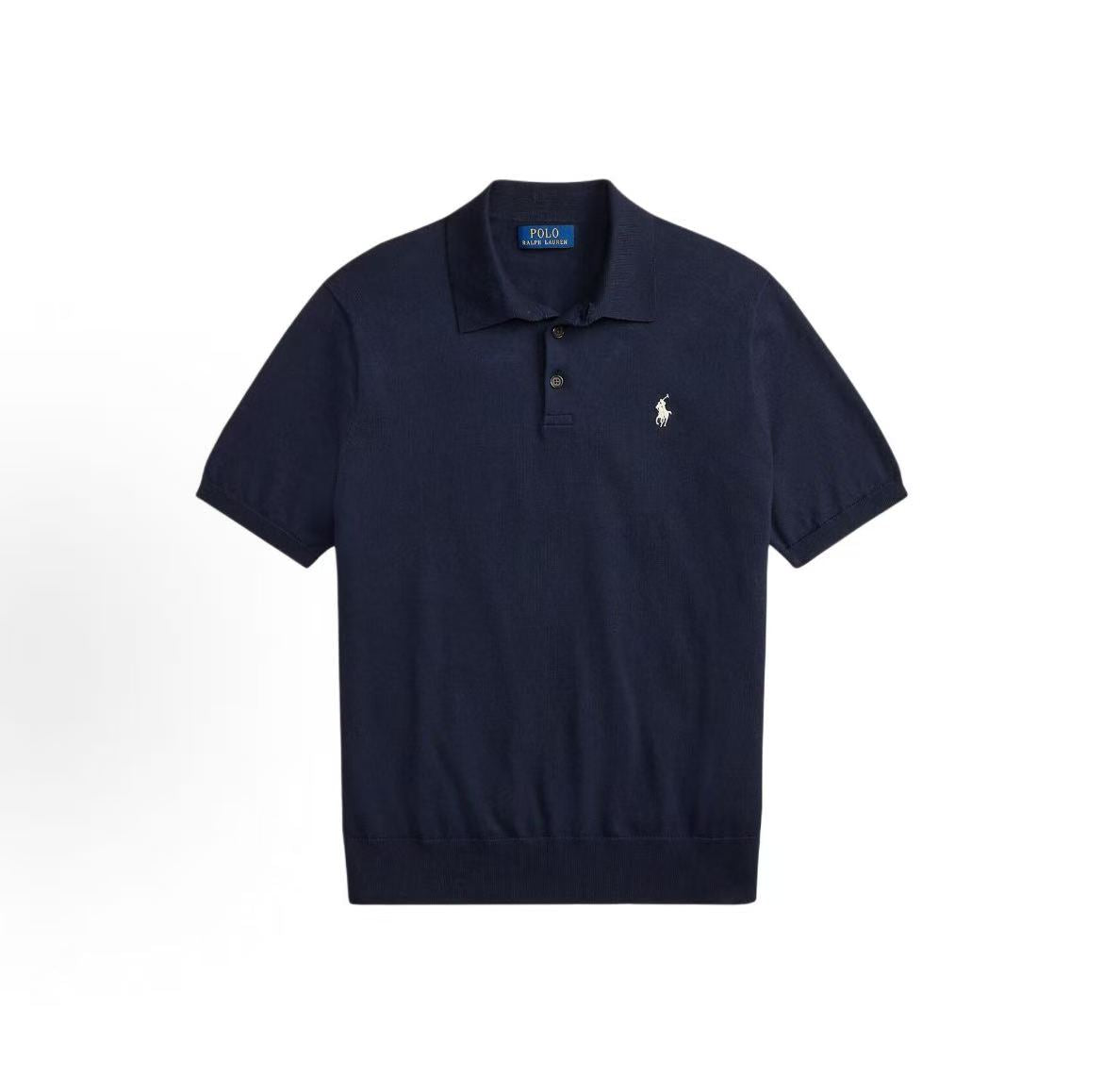 Ralph Lauren FW25 Cotton Buttoned Fine Knit Short-Sleeved Polo Shirt - Standard Fit - Men's - Hunter Navy Blue