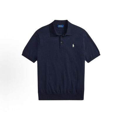 Ralph Lauren FW25 Cotton Buttoned Fine Knit Short-Sleeved Polo Shirt - Standard Fit - Men's - Hunter Navy Blue