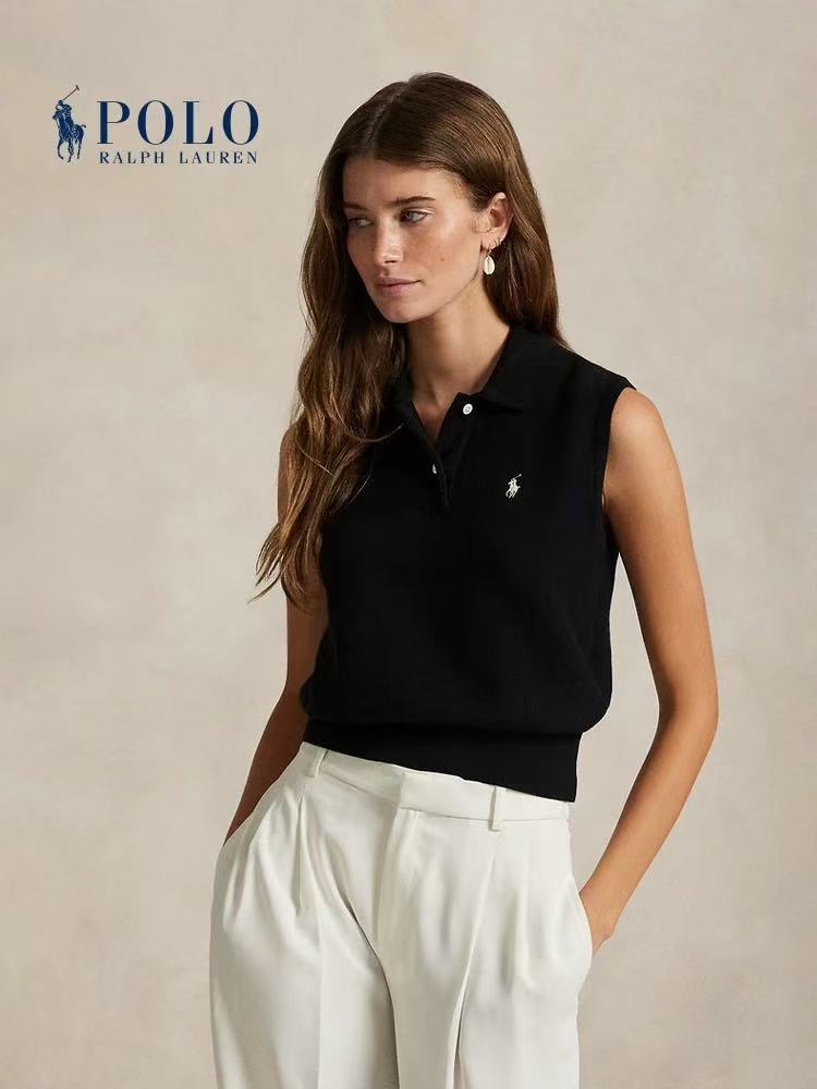 Ralph Lauren Cotton Blended Ribbed Buttoned Small Quilted Embroidered Straight-Tee Short Sleeve Polo Shirt Standard Fit Women's Style Black