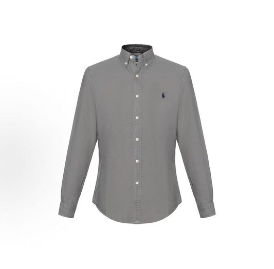 Ralph Lauren SS23 Little Horse Embroidery Solid Cotton Collared Long-Sleeved Button-Down Shirt Men's Slim Fit Gray