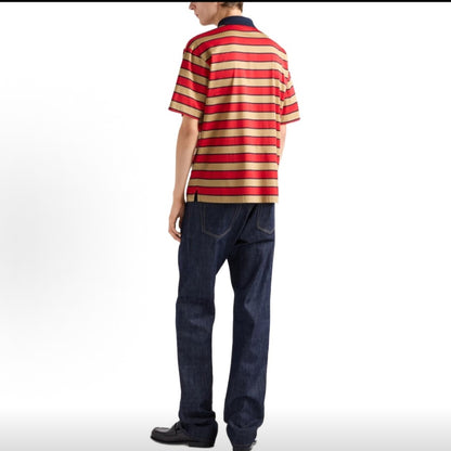 PRADA Men's SS25 Spring/Summer Striped Letter Print Cotton Short-Sleeve Polo Shirt, Red