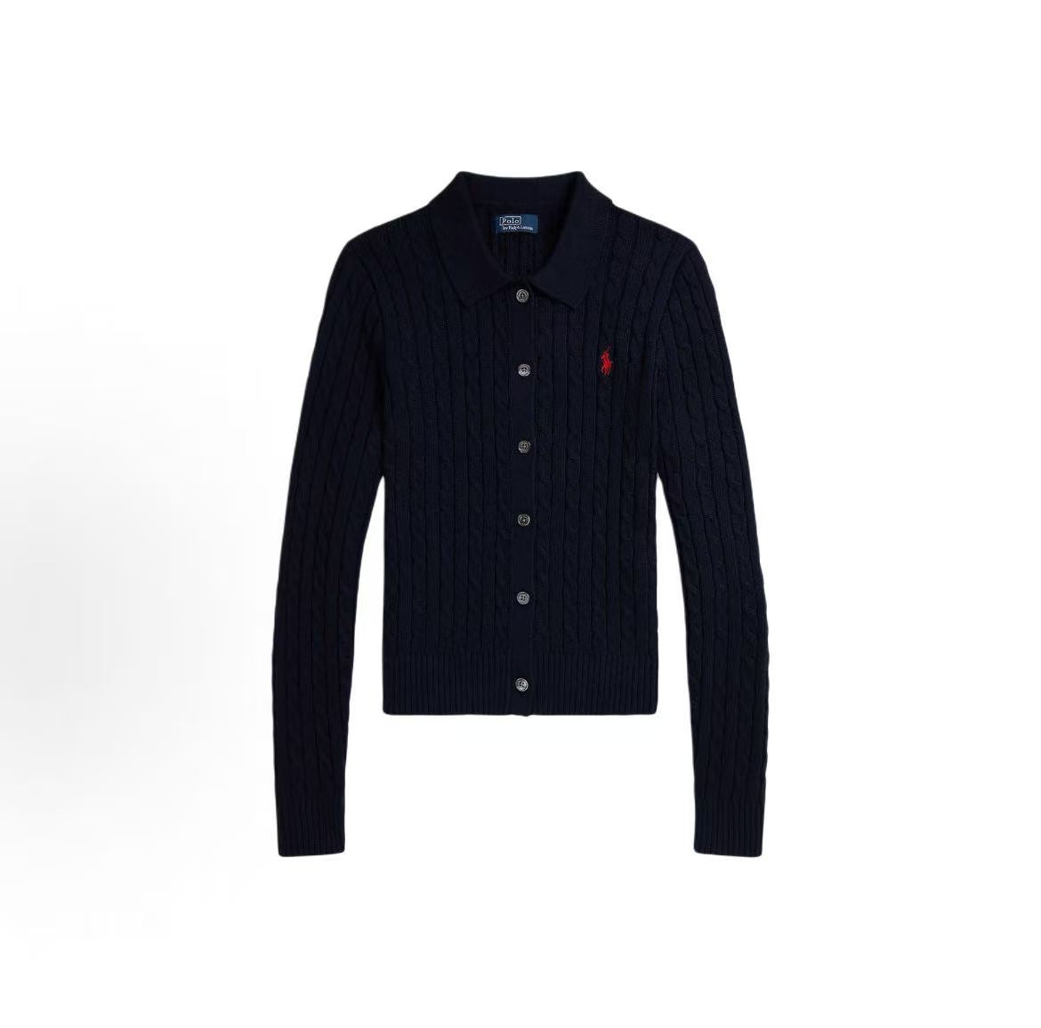 Ralph Lauren Petite Spurs Embroidered Logo Pattern Twisted Knot Cotton Wide-Collar Long-Sleeved Button-Up Blouse. Knitted top with a fitted design. Women's size. Hunter navy blue.