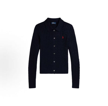 Ralph Lauren Petite Spurs Embroidered Logo Pattern Twisted Knot Cotton Wide-Collar Long-Sleeved Button-Up Blouse. Knitted top with a fitted design. Women's size. Hunter navy blue.