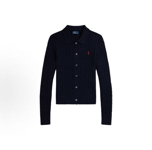 Ralph Lauren Petite Spurs Embroidered Logo Pattern Twisted Knot Cotton Wide-Collar Long-Sleeved Button-Up Blouse. Knitted top with a fitted design. Women's size. Hunter navy blue.