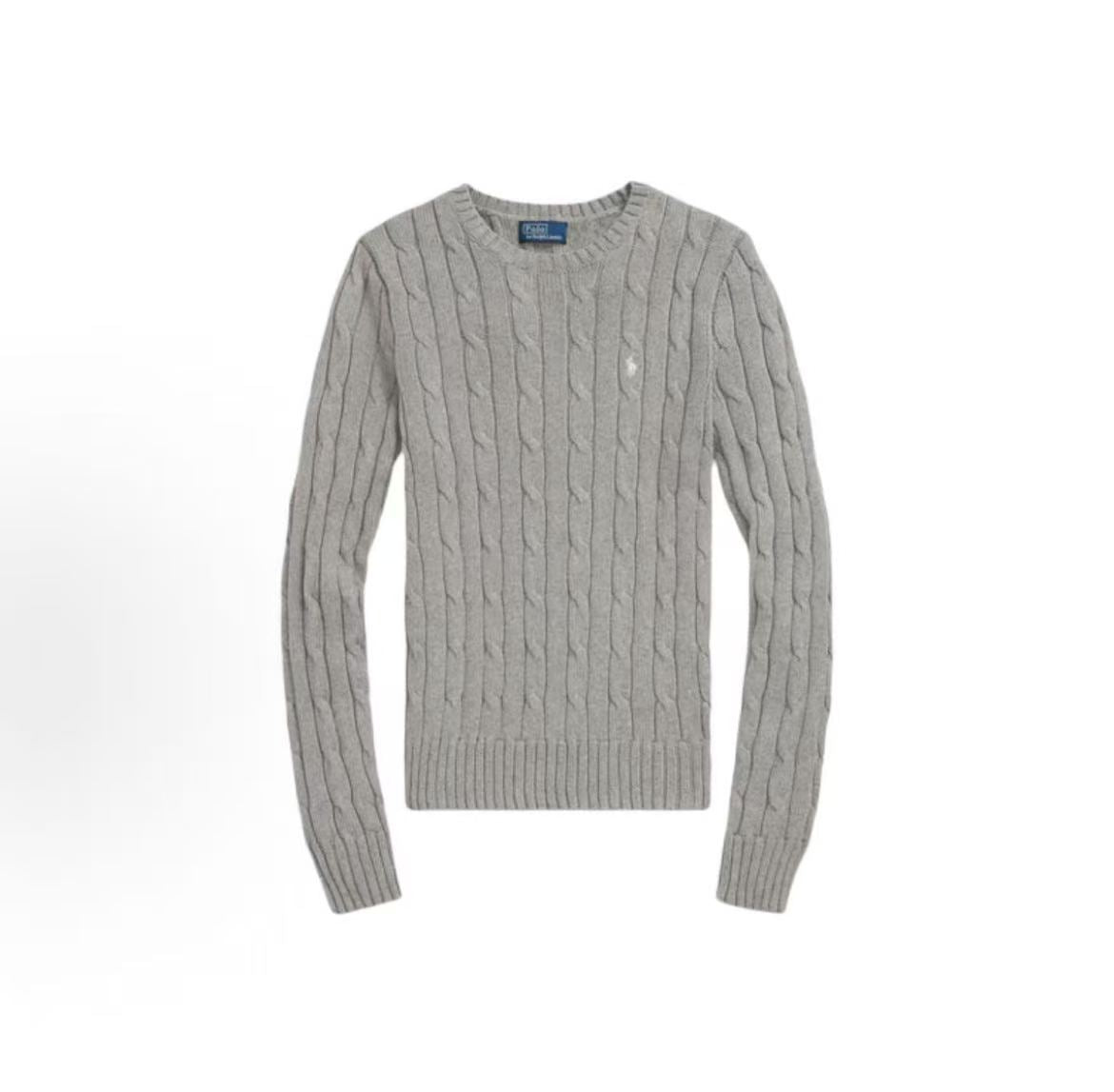Ralph Lauren Small Horse Logo Embroidered Pattern Twisted Knitted Cotton Round-neck Pullover Long-Sleeve Knit Shirt Standard Fit Women's Grey