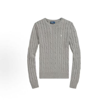 Ralph Lauren Small Horse Logo Embroidered Pattern Twisted Knitted Cotton Round-neck Pullover Long-Sleeve Knit Shirt Standard Fit Women's Grey