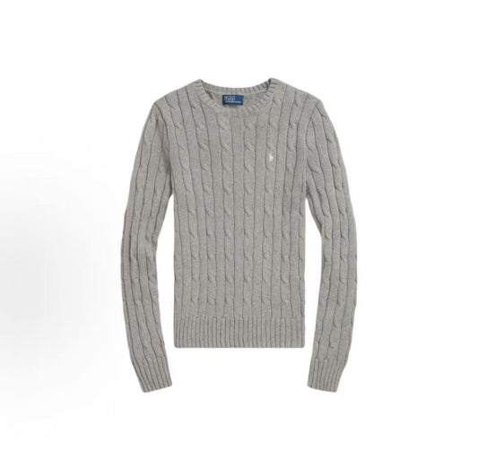 Ralph Lauren Small Horse Logo Embroidered Pattern Twisted Knitted Cotton Round-neck Pullover Long-Sleeve Knit Shirt Standard Fit Women's Grey