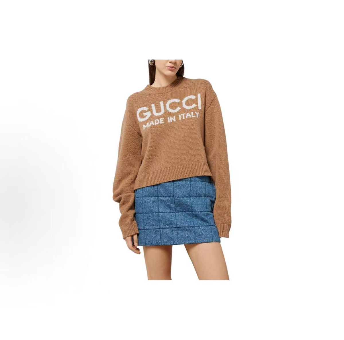 GUCCI 2023 Fall Collection: Plaid Letter Logo Embroidered Casual Round-neck Long-sleeve Sweater for Women - Yellow