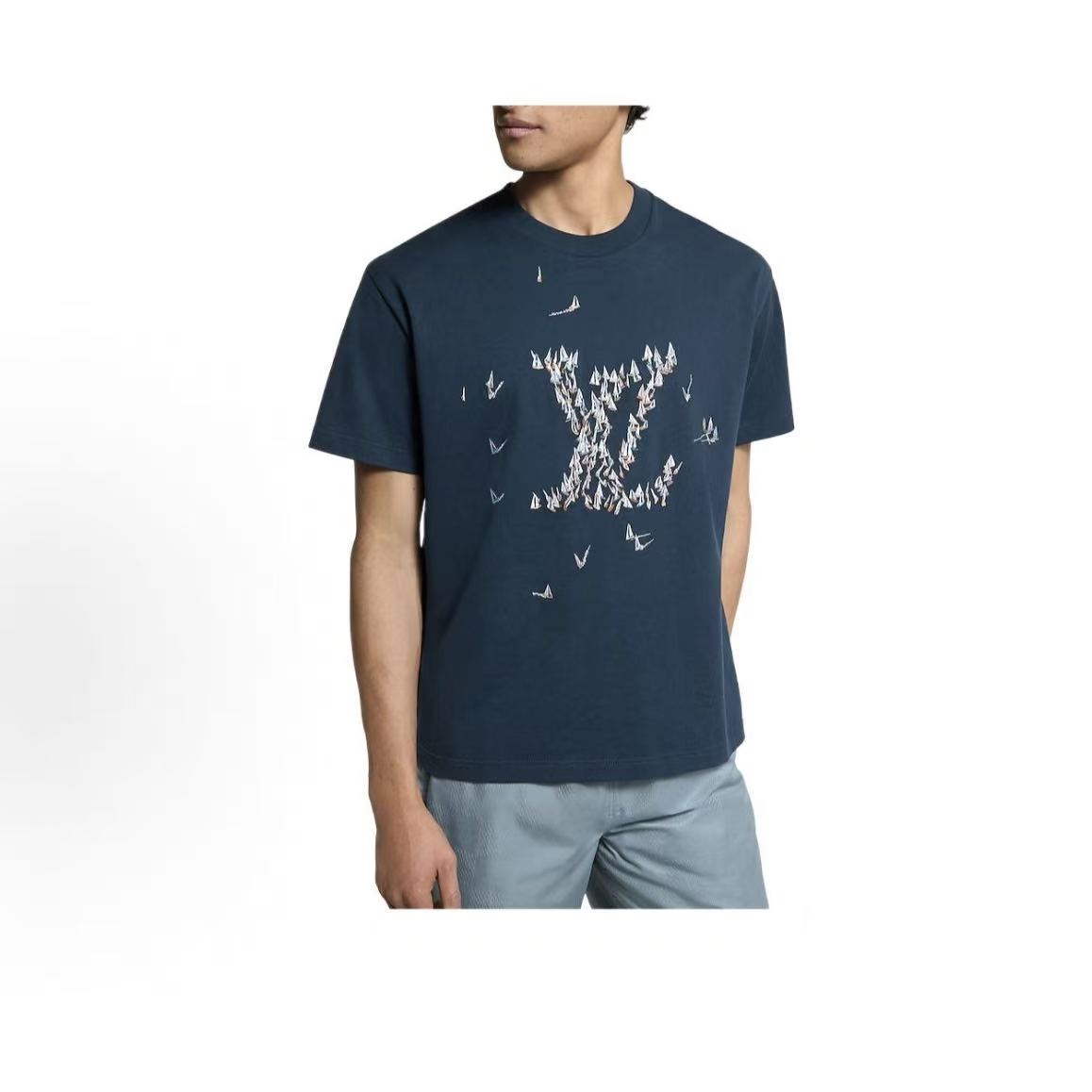 LOUIS VUITTON FW25 Autumn-Winter Men's Collection: Plaid Logo Round-neck Short-sleeved T-shirt for Men - Blue
