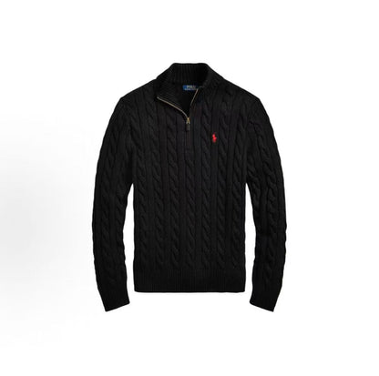 Ralph Lauren Petite Spurs Embroidered Solid Twill Knotted Cotton Half-Neckline Quarter-Zip Pullover Long Sleeve Ribbed Hem Men's Sweater Standard Fit Black