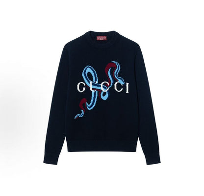 GUCCI 2025 Spring Season New Year Collection - Solid Embroidered Round-neck Long-sleeved Sweater for Men - Blue