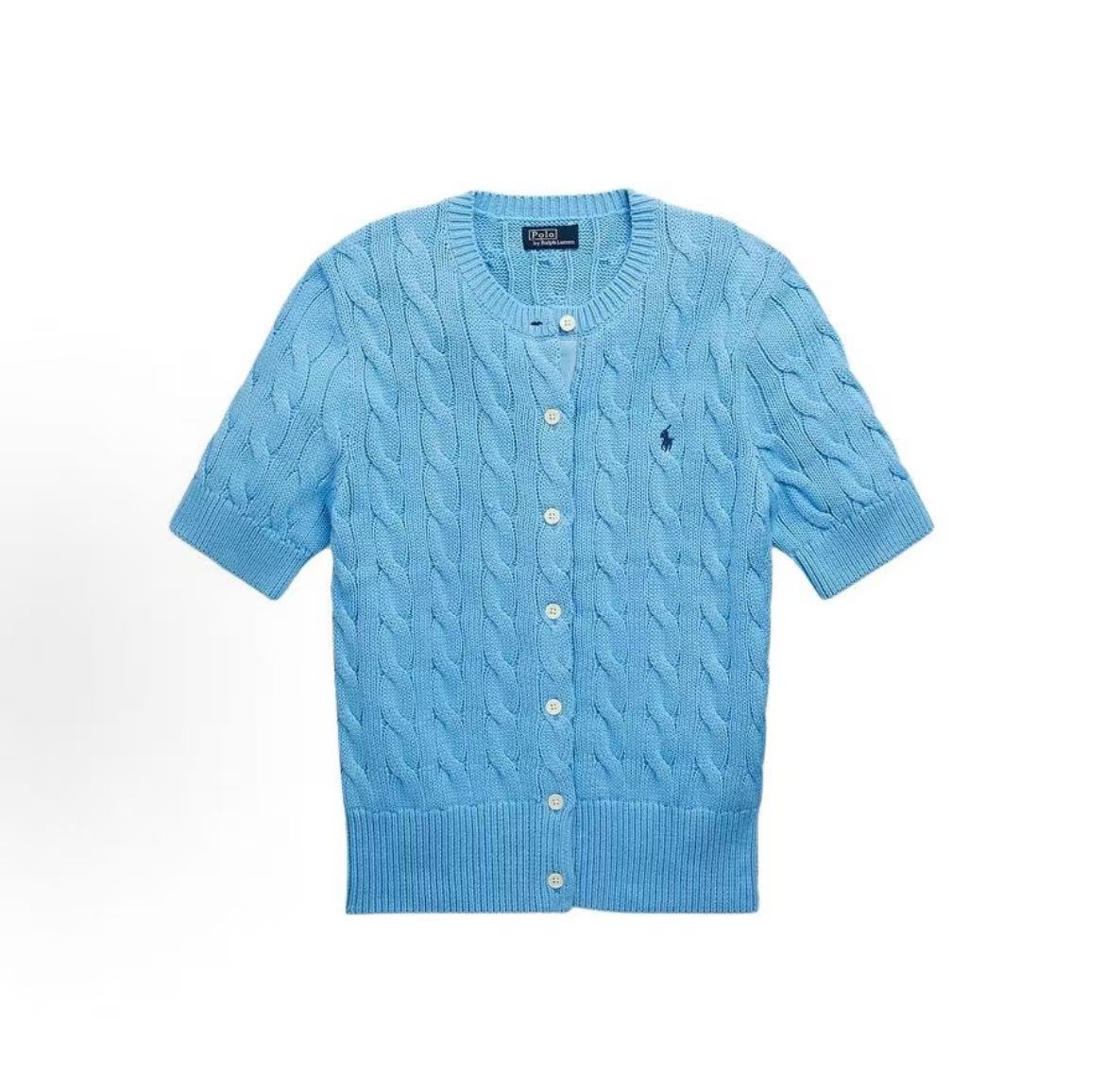 Ralph Lauren SS23 Petite Spur Embroidered Solid Cotton Twill Knoted Roundneck Short Sleeve Satin Accented Buttoned V-Neck Ribbed Hem Women's Knit Sweater Slim Fit Blue