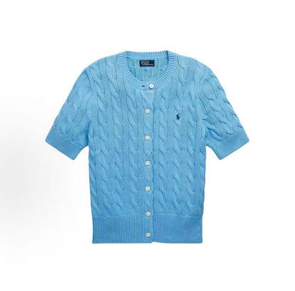 Ralph Lauren SS23 Petite Spur Embroidered Solid Cotton Twill Knoted Roundneck Short Sleeve Satin Accented Buttoned V-Neck Ribbed Hem Women's Knit Sweater Slim Fit Blue