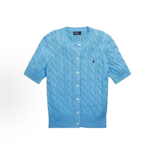 Ralph Lauren SS23 Petite Spur Embroidered Solid Cotton Twill Knoted Roundneck Short Sleeve Satin Accented Buttoned V-Neck Ribbed Hem Women's Knit Sweater Slim Fit Blue