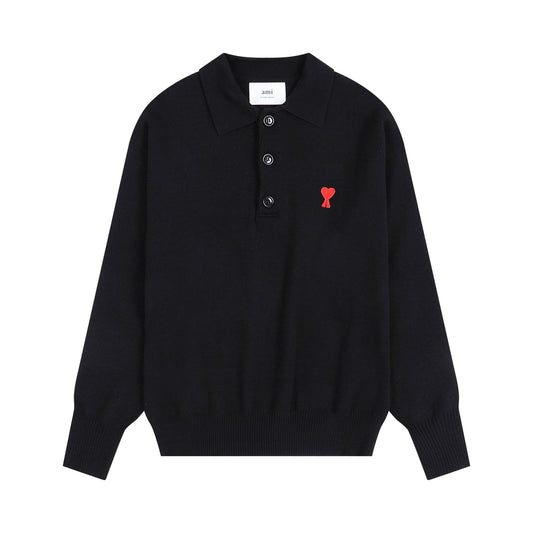 AMI Small Logo Button Polo Sweatshirt Black