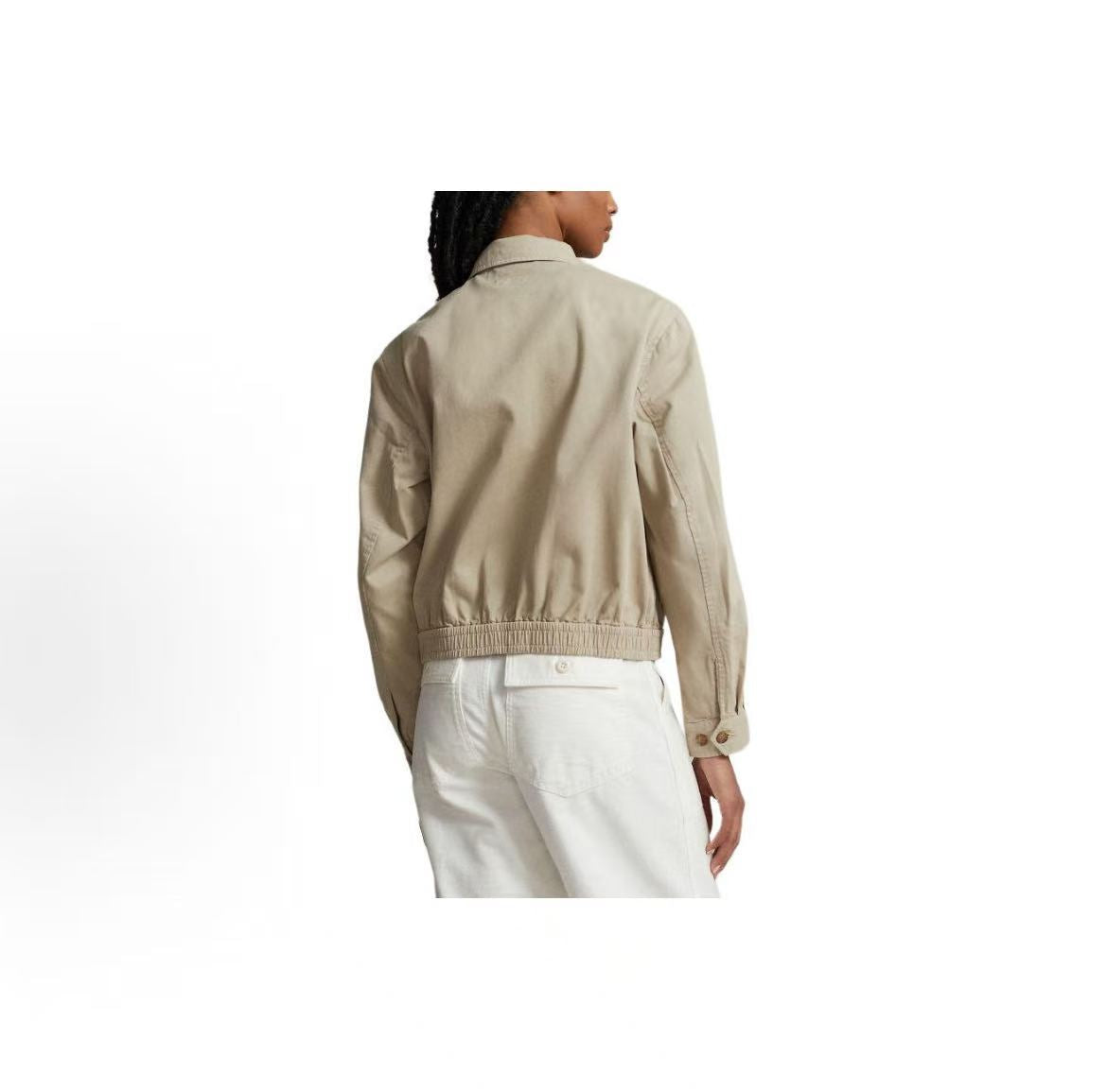 Ralph Lauren Petite Spurs Embroidery Solid Twill Cotton Buttoned Long-Sleeved Elastic Hem Jacket Coat - Loose Fit Women's - Khaki Color