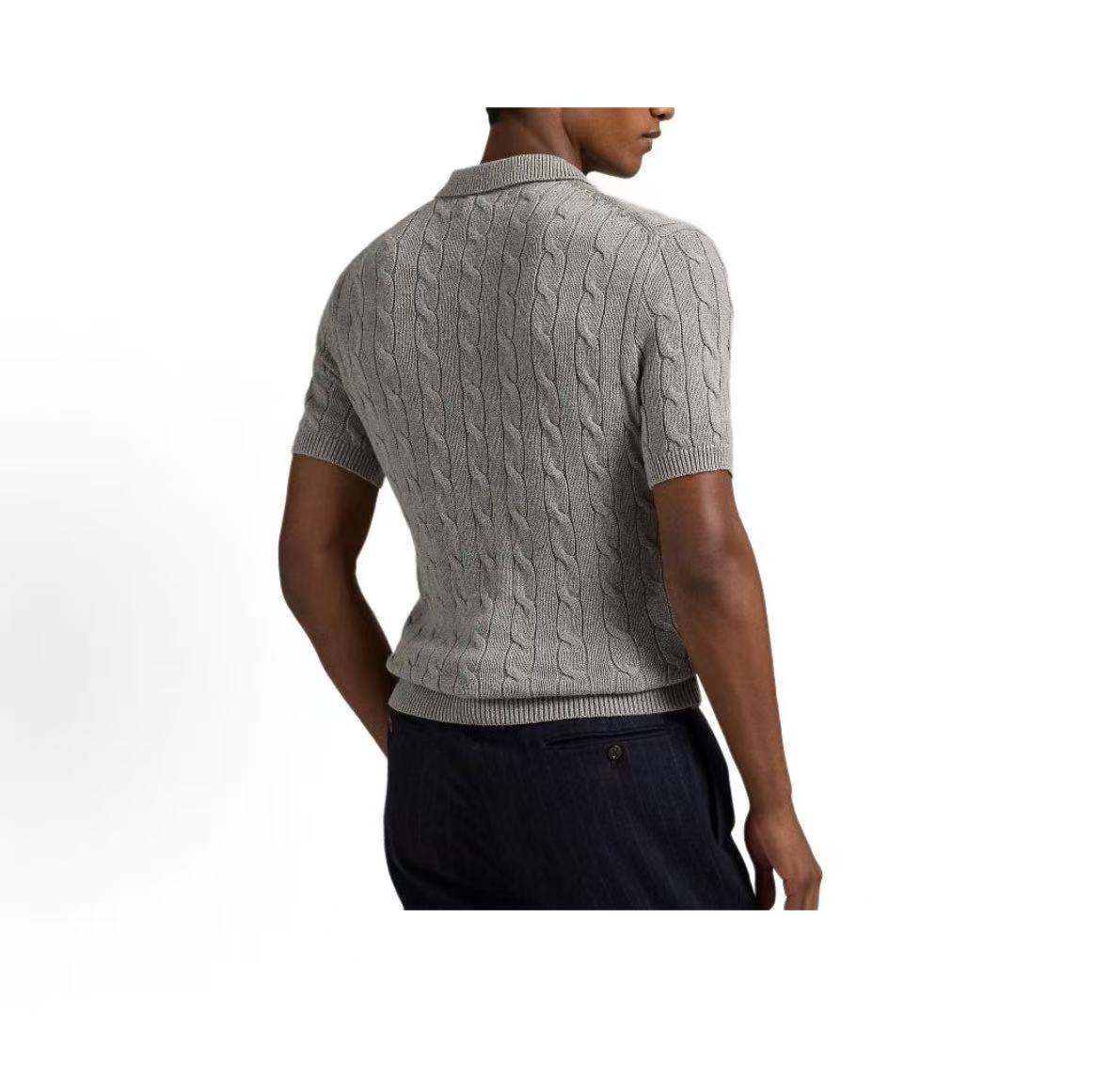 Ralph Lauren Petite Spurs Embroidered Logo Pattern Twisted Knitted Cotton Polo Collar Double Button Front Pullover Short Sleeve Polo Shirt Standard Fit Men's Style Gray