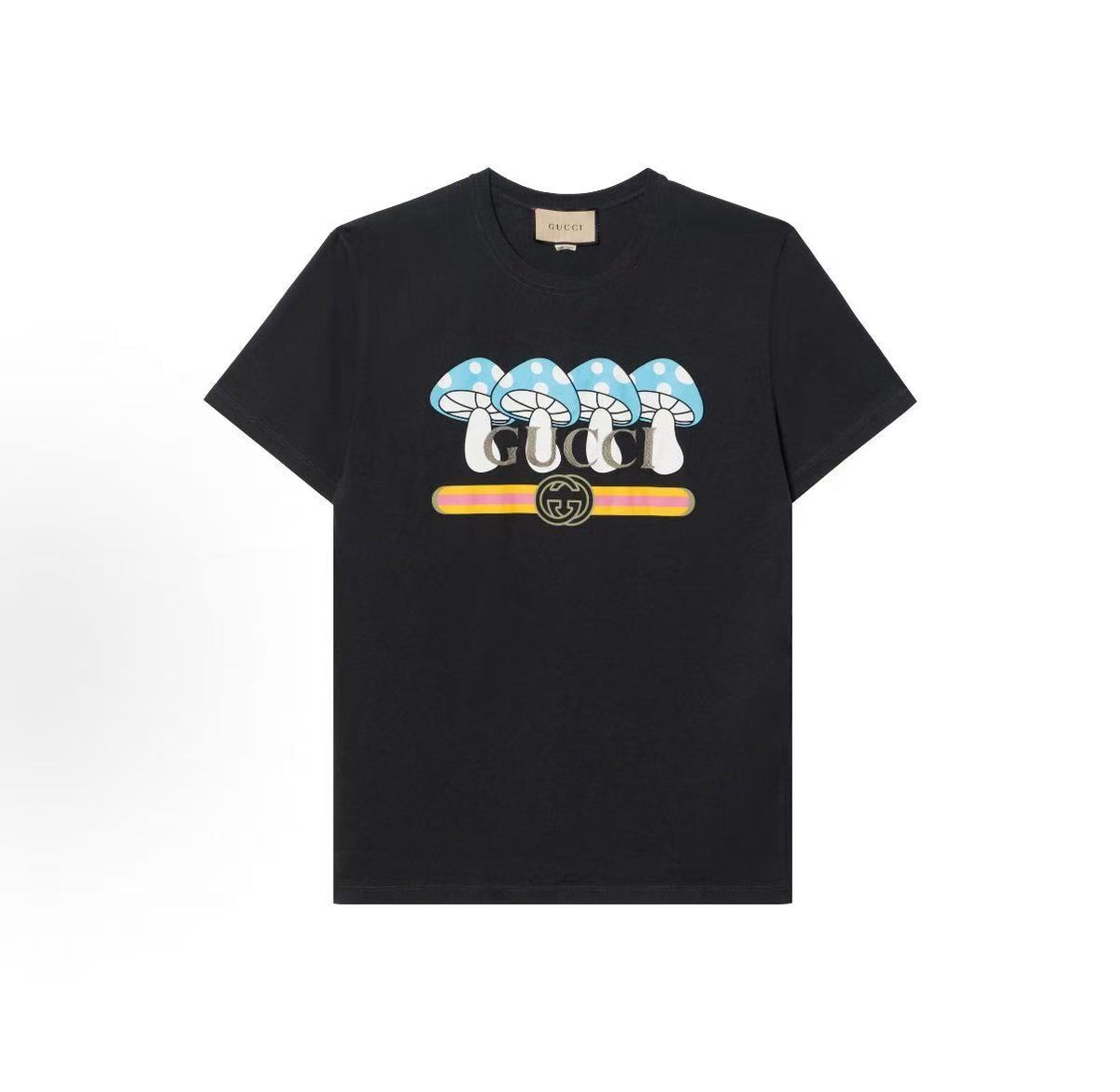 GUCCI 2023 Fall Collection Mushroom Letter Pattern Round-neck Short-sleeved T-shirt for Men - Black