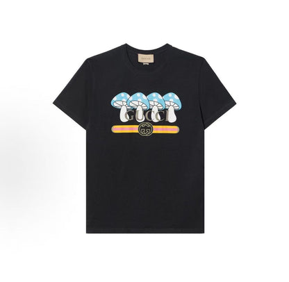 GUCCI 2023 Fall Collection Mushroom Letter Pattern Round-neck Short-sleeved T-shirt for Men - Black