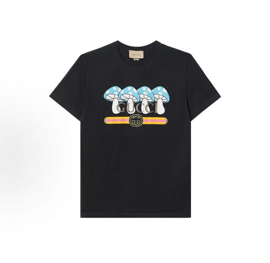 GUCCI 2023 Fall Collection Mushroom Letter Pattern Round-neck Short-sleeved T-shirt for Men - Black