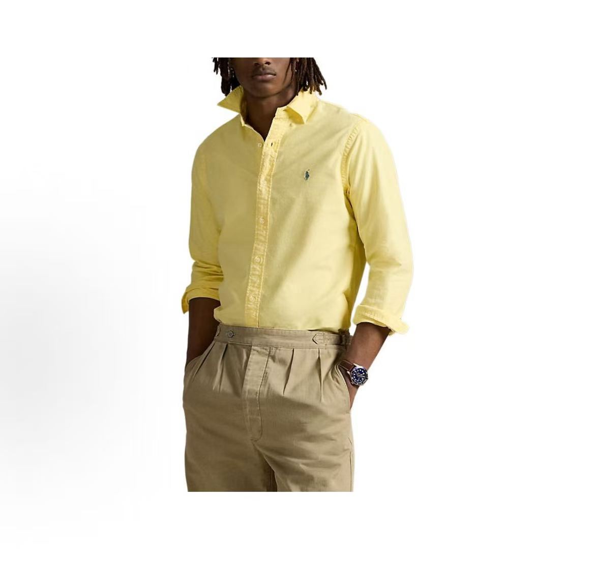 Ralph Lauren SS25 Solid Color Pointed Collar Buttoned Small Quilted Long Sleeve Shirt - Slim Fit Men's Style - Yellow