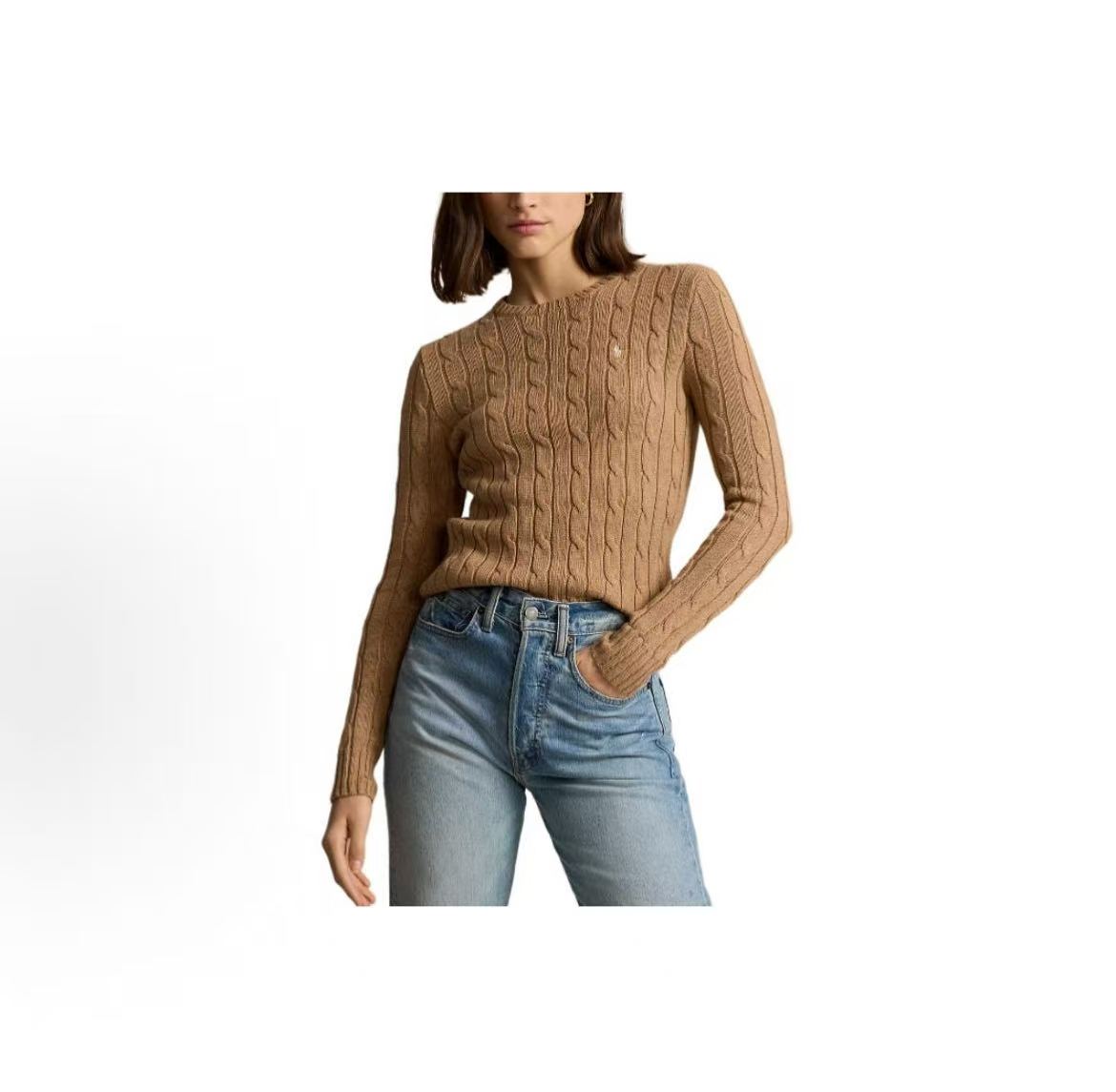 Ralph Lauren Small Horse Logo Embroidered Twisted Knot Solid Cotton Round-neck Pullover Long Sleeve Sweater Slim Fit Women's Item Beige
