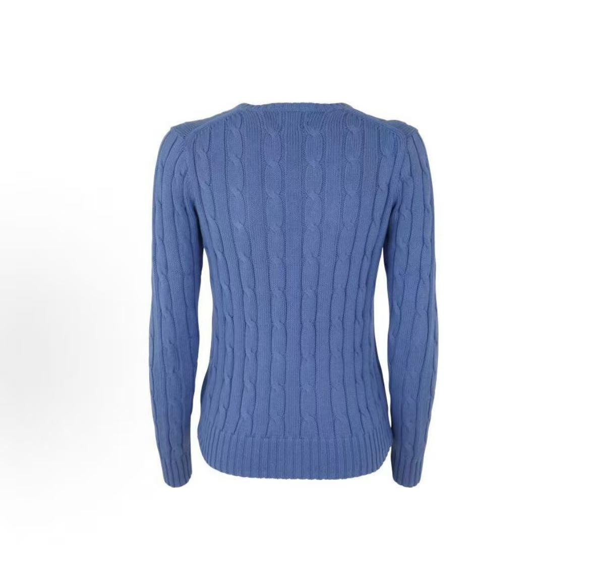 Ralph Lauren SS23 Petite Spur Embroidered Solid Cotton Twill Knotted V-Neck Pullover Long Sleeve Ribbed Hem Skirted Sweater Standard Fit Women's Blue