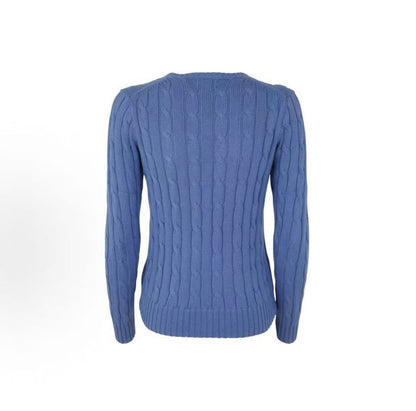 Ralph Lauren SS23 Petite Spur Embroidered Solid Cotton Twill Knotted V-Neck Pullover Long Sleeve Ribbed Hem Skirted Sweater Standard Fit Women's Blue