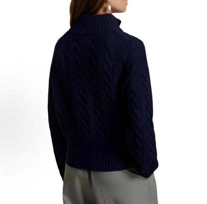 Ralph Lauren Petite Spurs Embroidery Solid Wool and Cashmere Blend Plaid Pullover with Half Zip and High Neck Hooded Long Sleeve Ribbed Sleeveless Skirted Sweater Women's Loose Fit Navy Hunter Blue