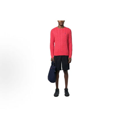 Ralph Lauren FW23 Solid Color Small Spikes Embroidered Plaid Knitted Roundneck Pullover Long Sleeve Sweater for Men - Raspberry Red