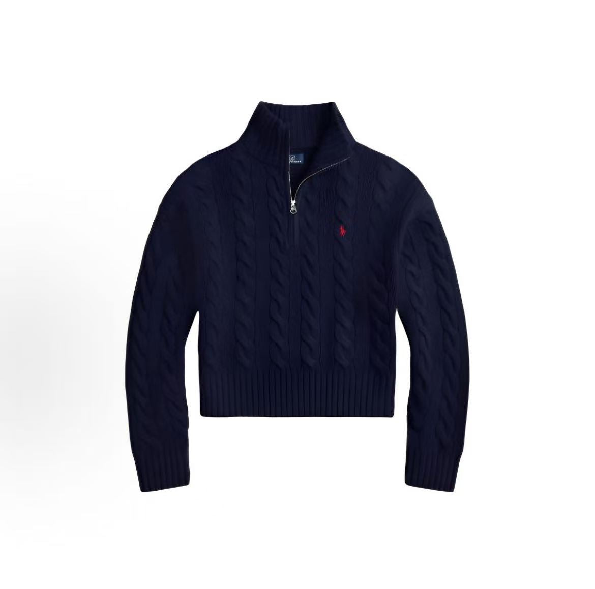 Ralph Lauren Petite Spurs Embroidery Solid Wool and Cashmere Blend Plaid Pullover with Half Zip and High Neck Hooded Long Sleeve Ribbed Sleeveless Skirted Sweater Women's Loose Fit Navy Hunter Blue