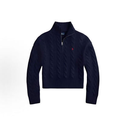 Ralph Lauren Petite Spurs Embroidery Solid Wool and Cashmere Blend Plaid Pullover with Half Zip and High Neck Hooded Long Sleeve Ribbed Sleeveless Skirted Sweater Women's Loose Fit Navy Hunter Blue