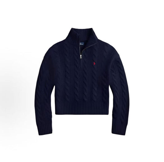 Ralph Lauren Petite Spurs Embroidery Solid Wool and Cashmere Blend Plaid Pullover with Half Zip and High Neck Hooded Long Sleeve Ribbed Sleeveless Skirted Sweater Women's Loose Fit Navy Hunter Blue