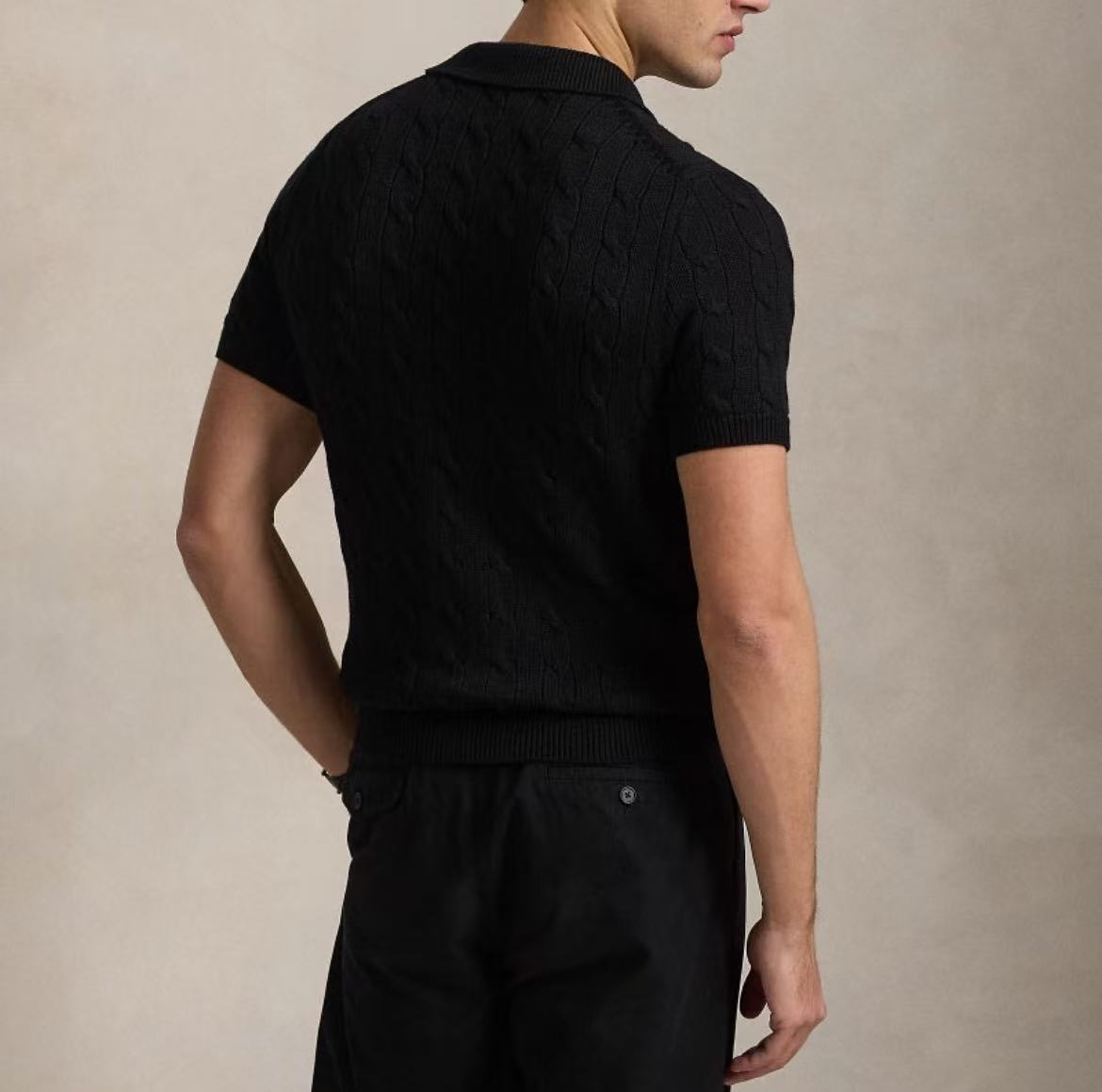 Ralph Lauren SS26 Pony Embroidery Solid Color Cotton Twisted Flower Braided Double Knot Polo Collar Hoodie Short Sleeve Ribbed Bottom Knitted Shirt Standard Edition Men's Polo Black