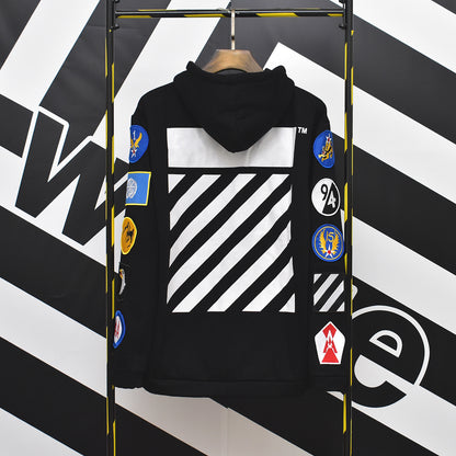 Off-White stripe badge zipper hooded cardigan sweatshirt black