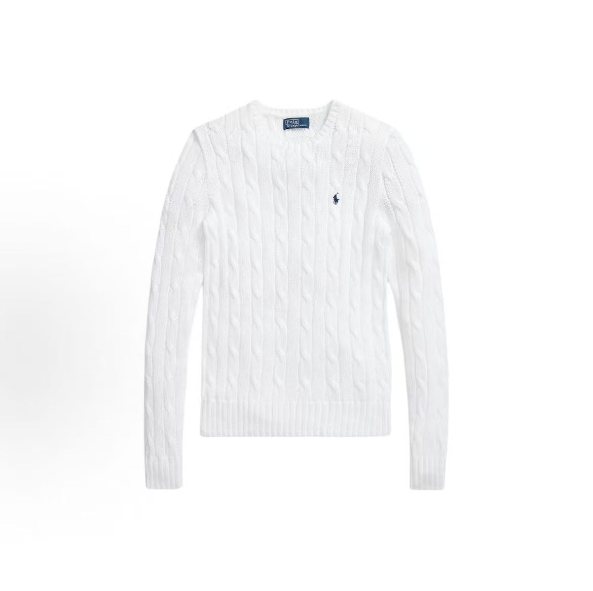 Ralph Lauren Petite Spurs Embroidered Solid Cotton Roundneck Pullover Long Sleeve Knit Shirt Classic Style Women's White