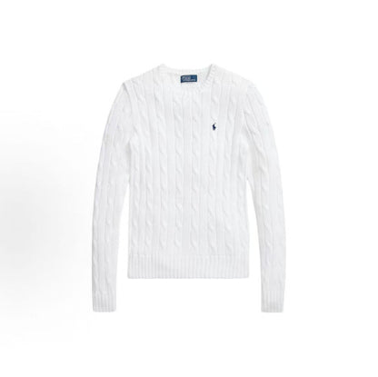 Ralph Lauren Petite Spurs Embroidered Solid Cotton Roundneck Pullover Long Sleeve Knit Shirt Classic Style Women's White