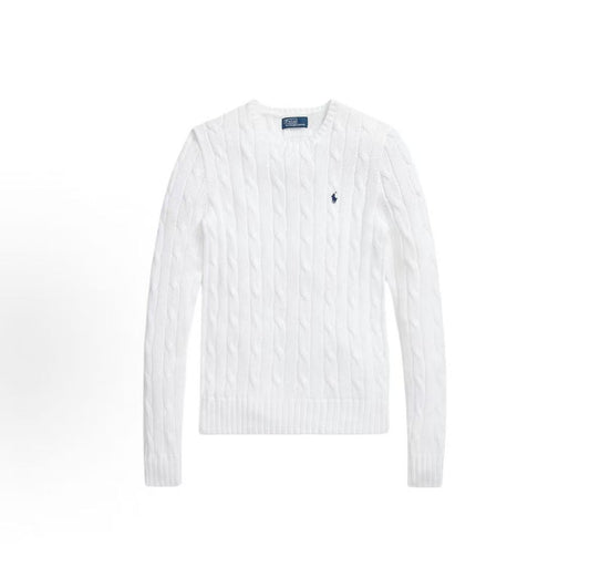 Ralph Lauren Petite Spurs Embroidered Solid Cotton Roundneck Pullover Long Sleeve Knit Shirt Classic Style Women's White