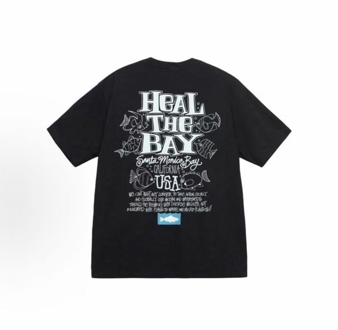 Stussy x Heal the Bay Collaboration Collection SS23 HEAL THE BAY OCEAN PIGMENT DYED TEE - Round-neck letter-printed loose-fitting short-sleeved American retro T-shirt, available for both men and women.